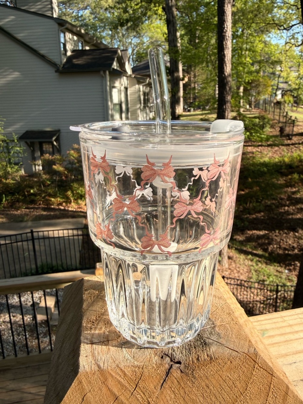 Clear Glass Tumbler with Pink Bow Accent, Acrylic Lid and Reusable Glass Straw